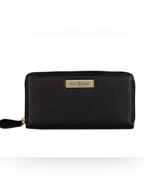 Lily Jade Black Leather Zip-Around Wallet with Gold Plaque